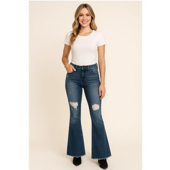 Judy blue Denim - Judy blue flare distressed knee raw hen jeans 13/31